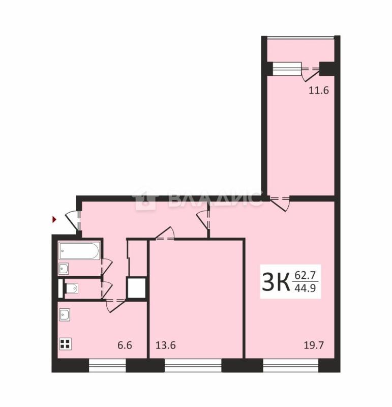 3-комнатная квартира, 62.7 м2