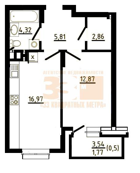 1-комнатная квартира, 44.6 м2