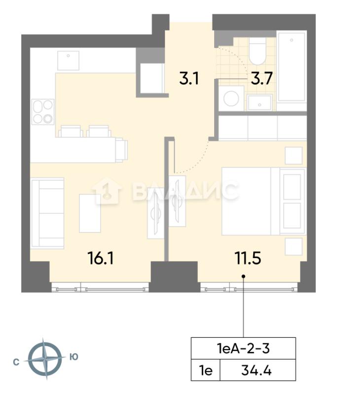 1-комнатная квартира, 34.4 м2