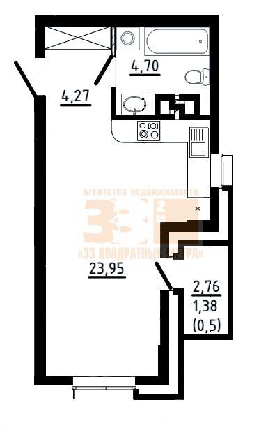 1-комнатная квартира, 34.3 м2