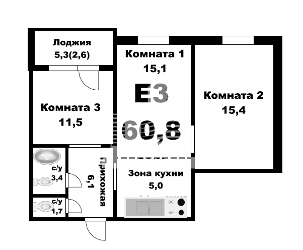 3-комнатная квартира, 60.8 м2
