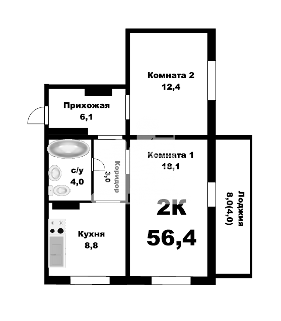 2-комнатная квартира, 56.4 м2