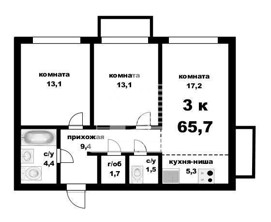 3-комнатная квартира, 65.7 м2