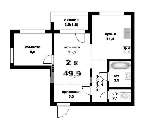 2-комнатная квартира, 49.9 м2