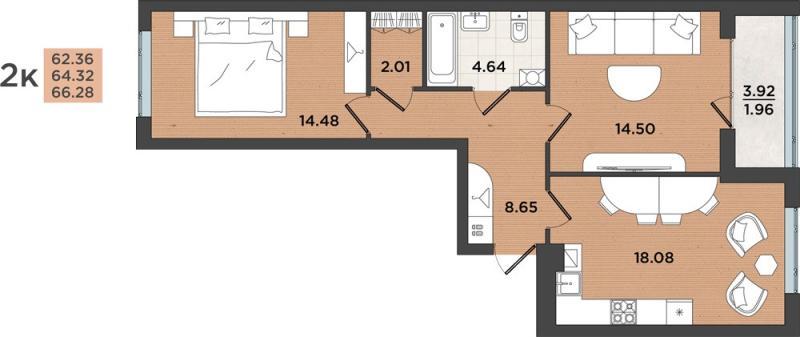 2-комнатная квартира, 64 м2