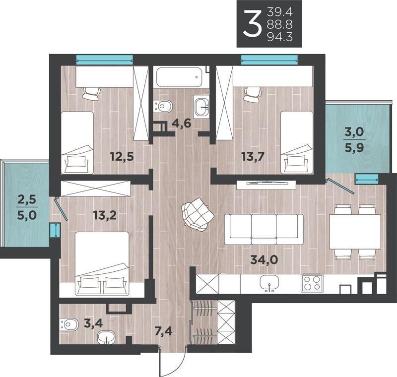 3-комнатная квартира, 94 м2
