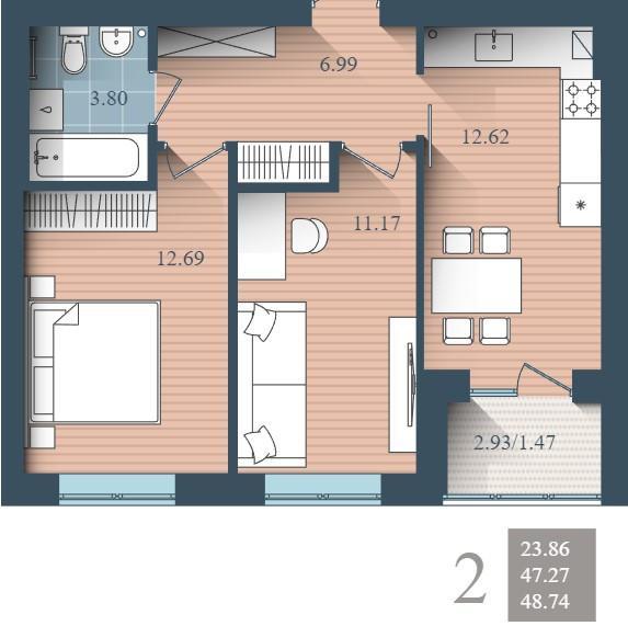 2-комнатная квартира, 49 м2