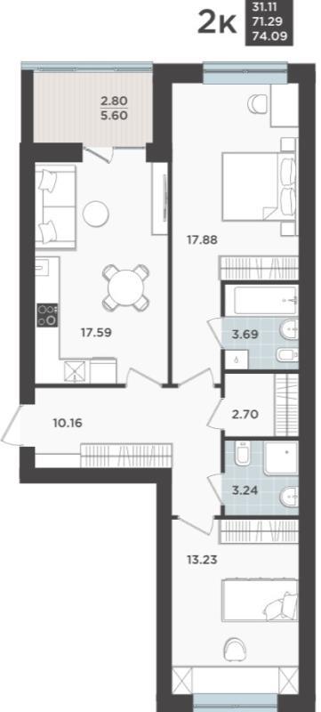 2-комнатная квартира, 74 м2