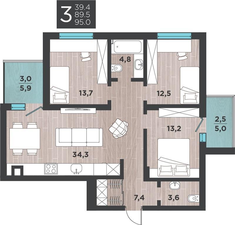 3-комнатная квартира, 95 м2