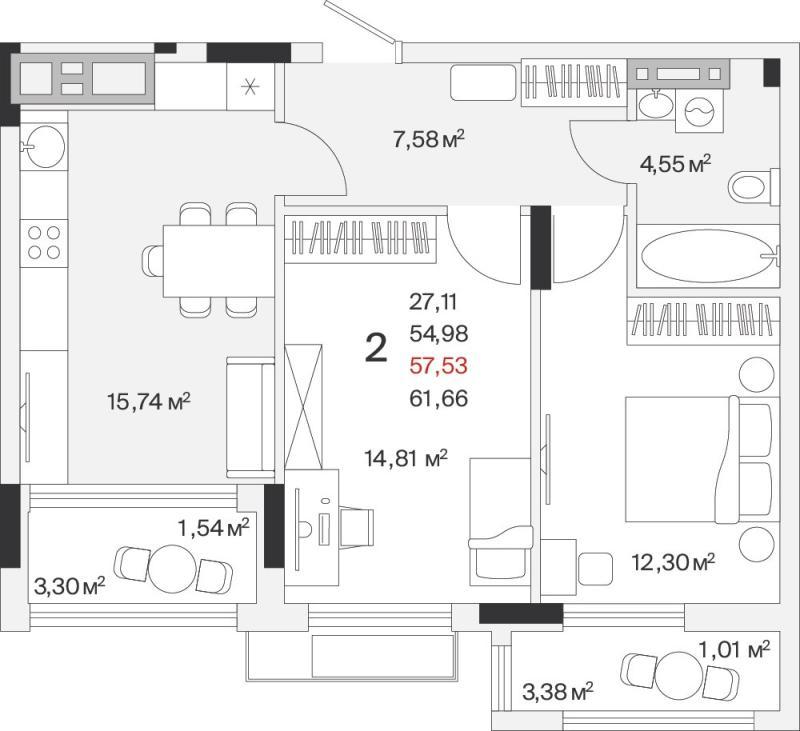 2-комнатная квартира, 57 м2