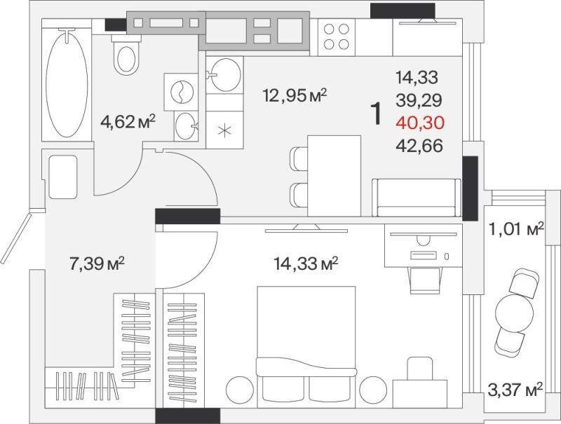 1-комнатная квартира, 40 м2