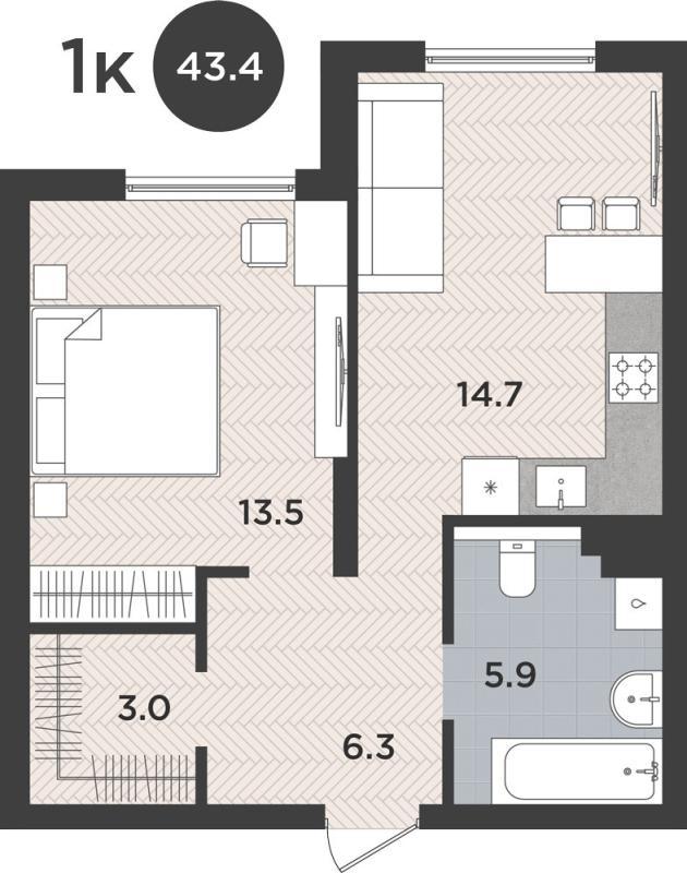 1-комнатная квартира, 43 м2