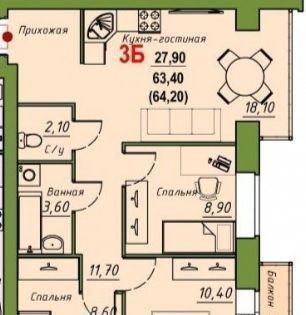 3-комнатная квартира, 64 м2