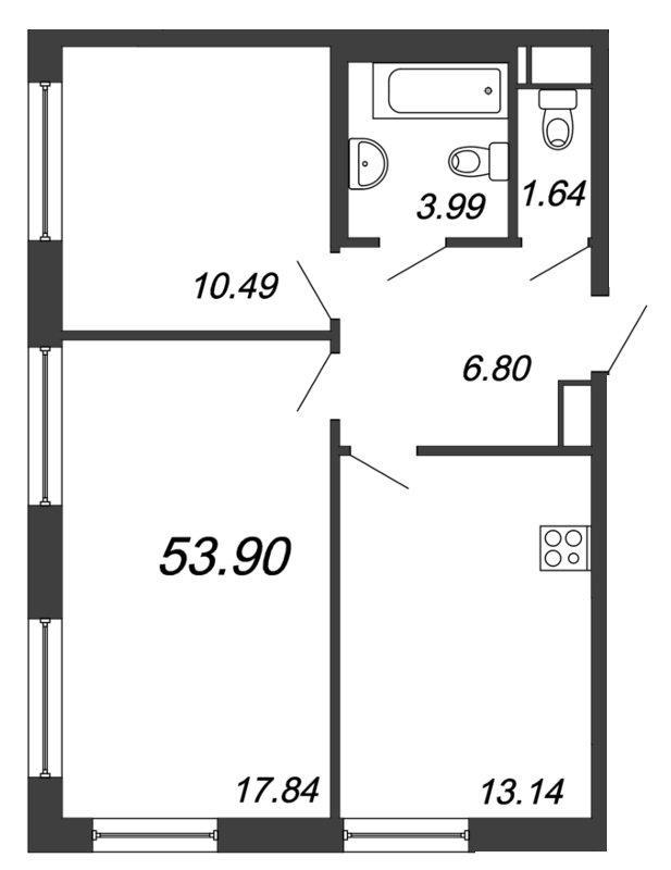 2-комнатная квартира, 54 м2