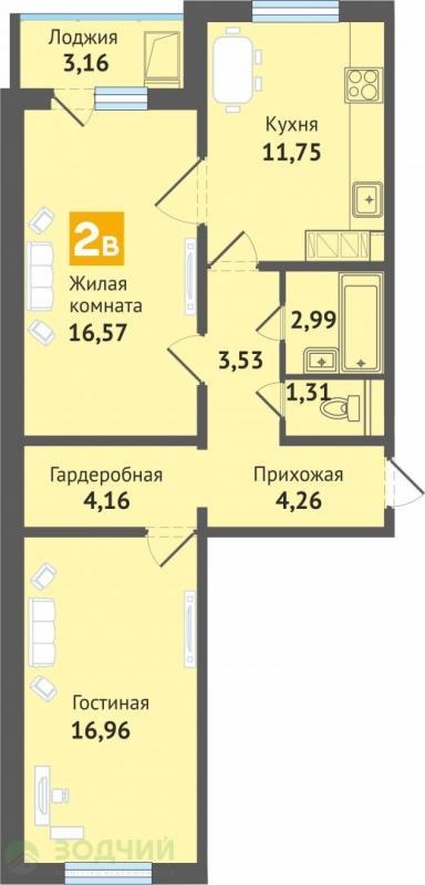 2-комнатная квартира, 64.3 м2