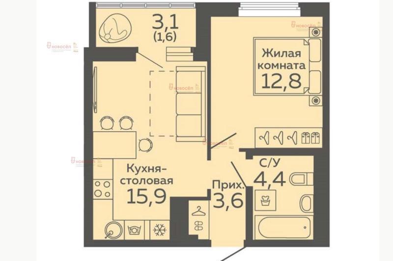 1-комнатная квартира, 38 м2