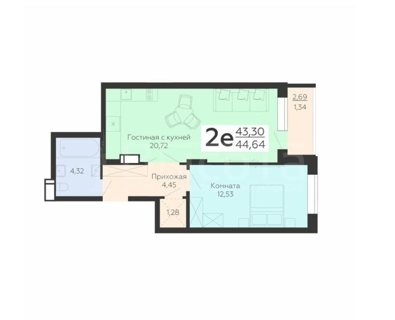 2-комнатная квартира, 44.64 м2