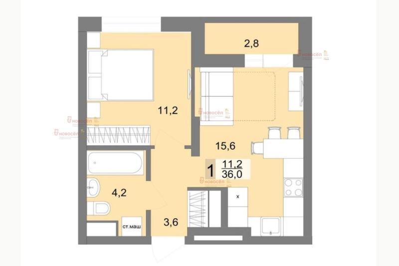 1-комнатная квартира, 36 м2