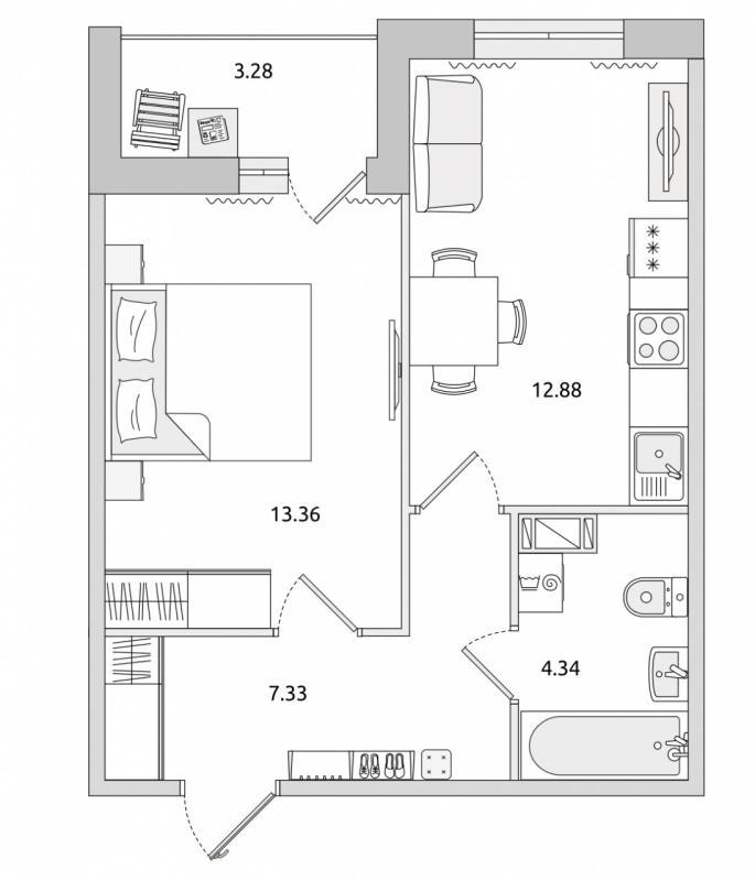1-комнатная квартира, 37.91 м2