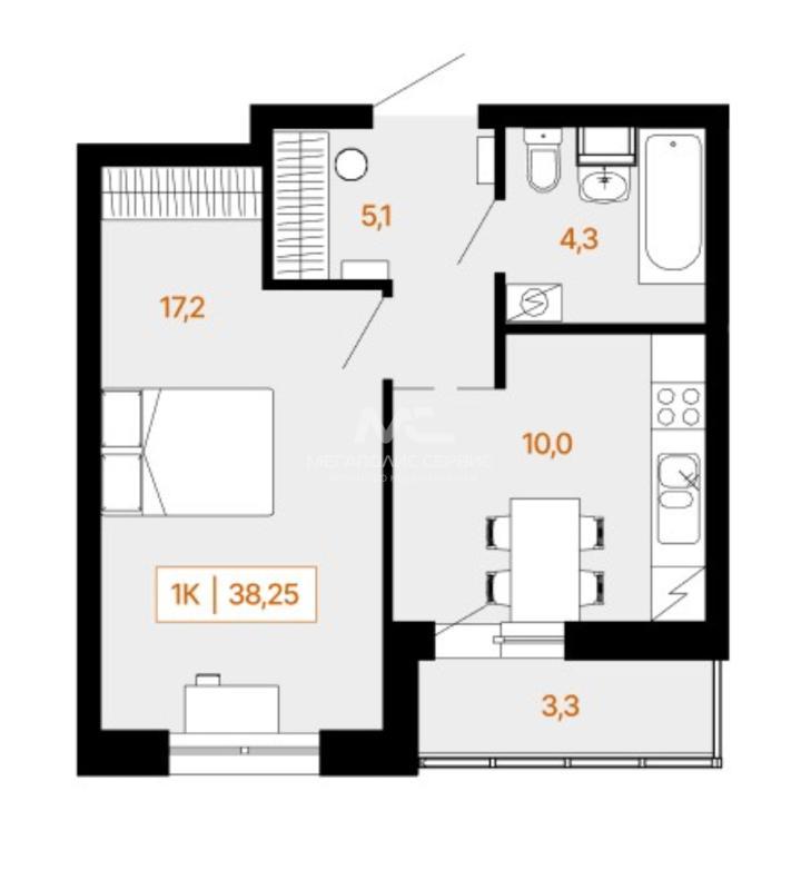 1-комнатная квартира, 37 м2