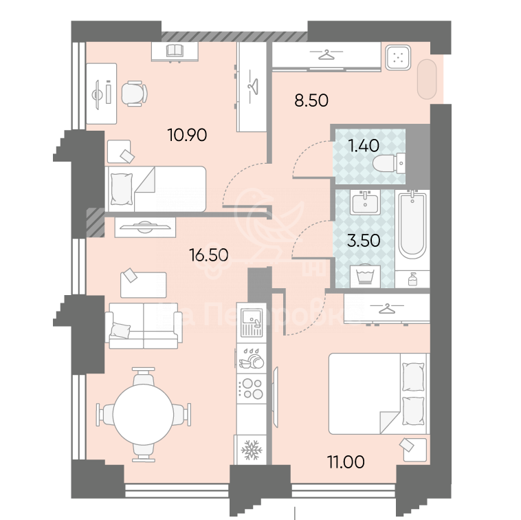 2-комнатная квартира, 51.8 м2