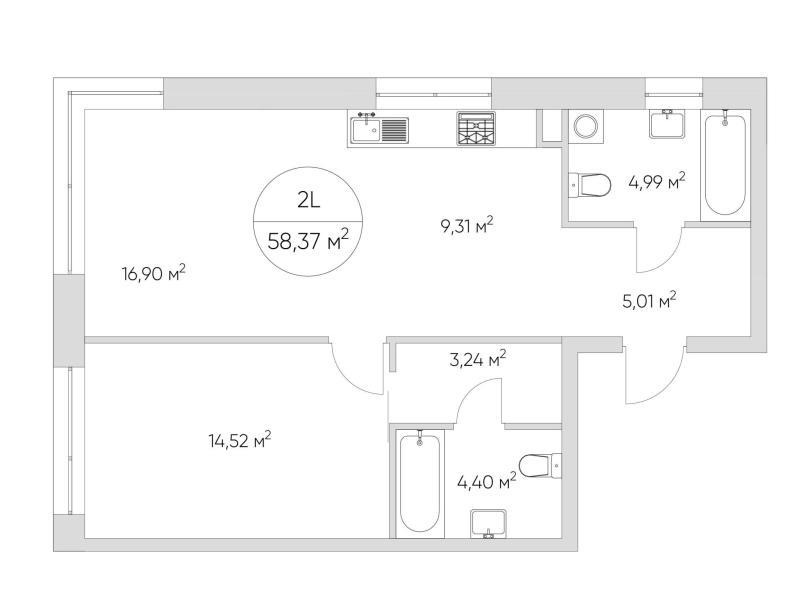 2-комнатная квартира, 58 м2