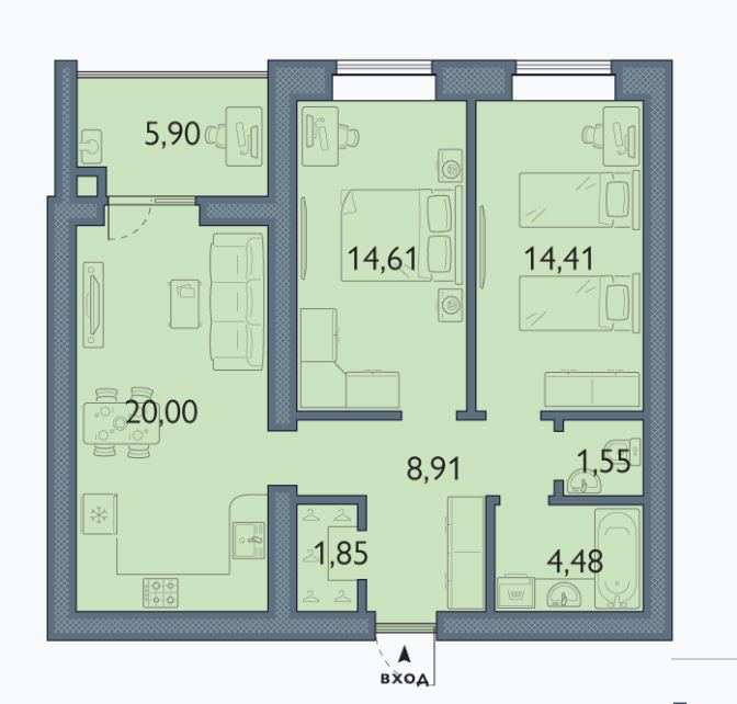 2-комнатная квартира, 71.7 м2