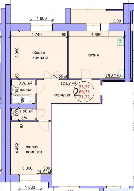 2-комнатная квартира, 70.4 м2