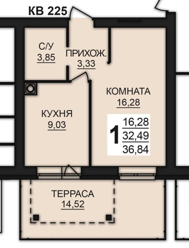 1-комнатная квартира, 37.11 м2