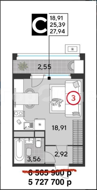 1-комнатная квартира, 27.94 м2
