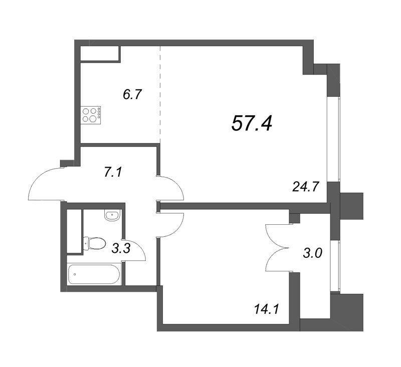 1-комнатная квартира, 57.4 м2