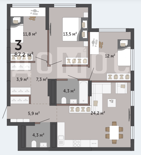 3-комнатная квартира, 87 м2
