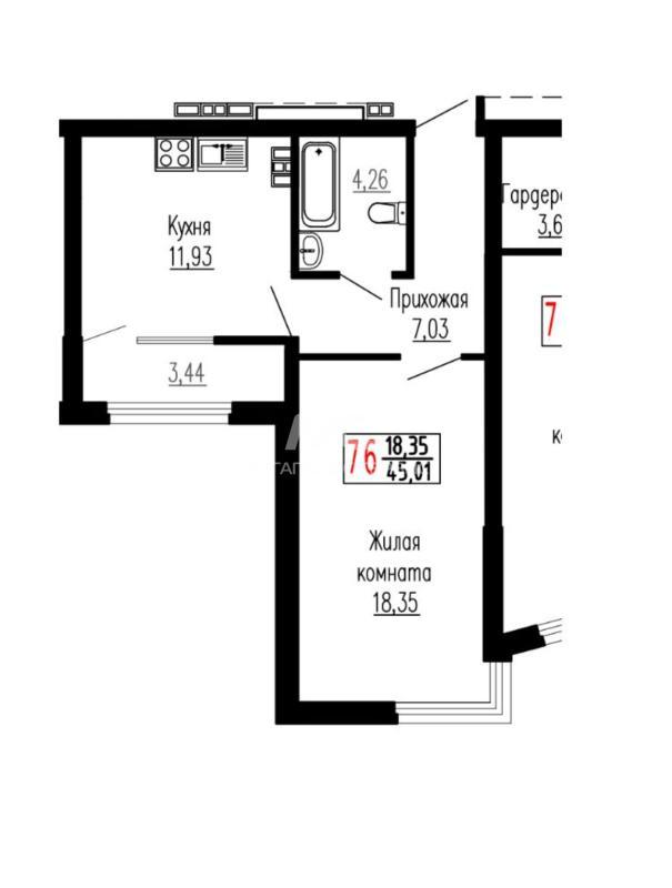 1-комнатная квартира, 45 м2