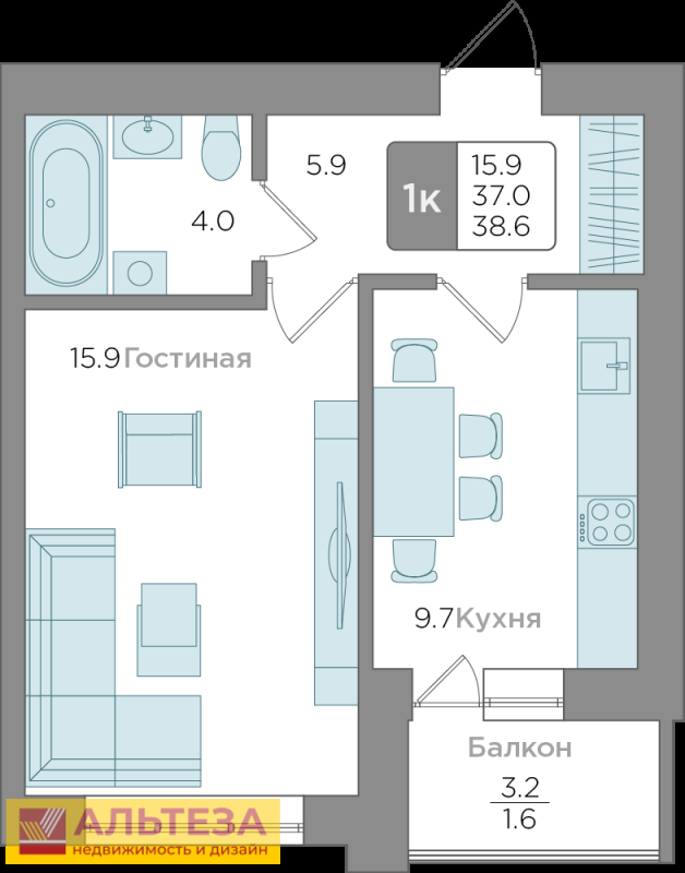 1-комнатная квартира, 38.6 м2