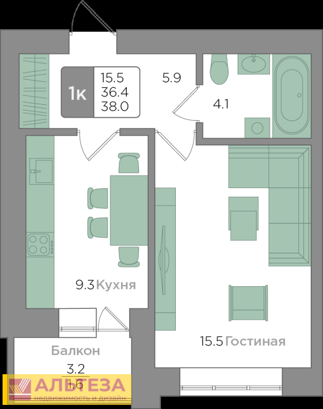 1-комнатная квартира, 36.4 м2