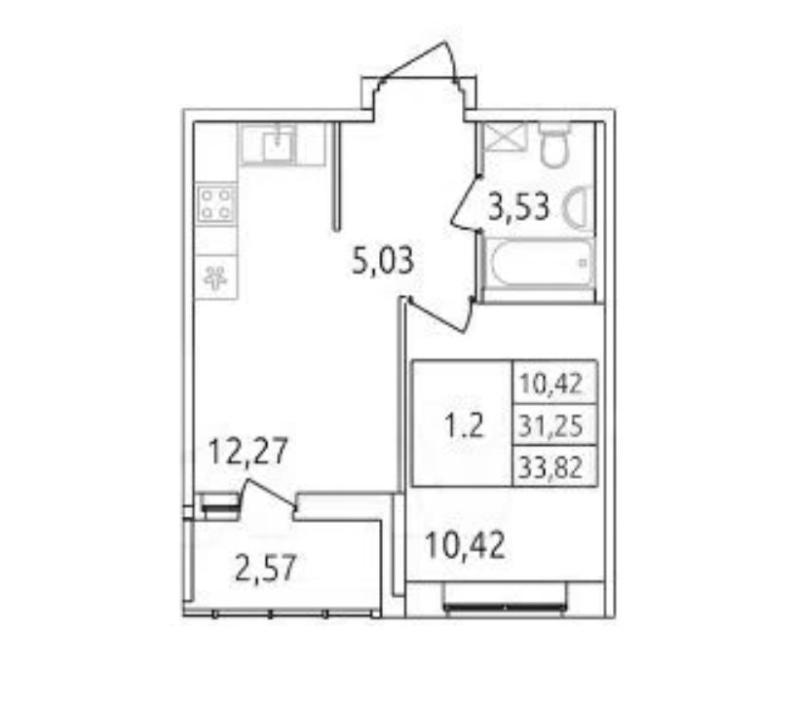 1-комнатная квартира, 33.82 м2