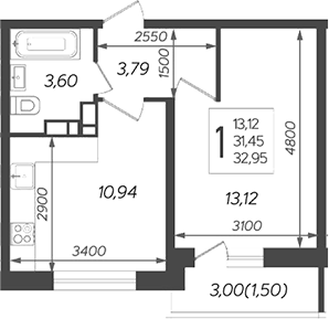 1-комнатная квартира, 32.9 м2