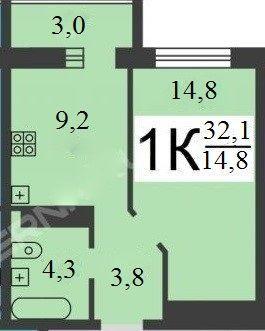 1-комнатная квартира, 32.1 м2