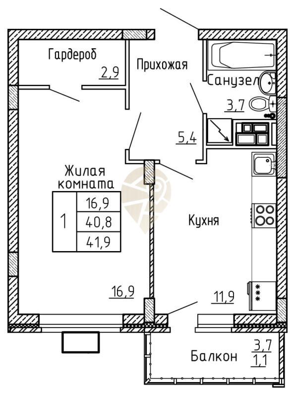 1-комнатная квартира, 41.9 м2