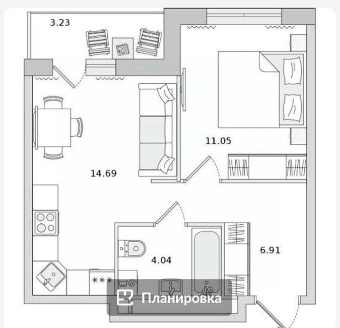 1-комнатная квартира, 39.9 м2