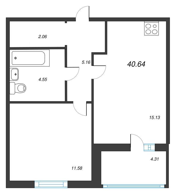 1-комнатная квартира, 42.79 м2