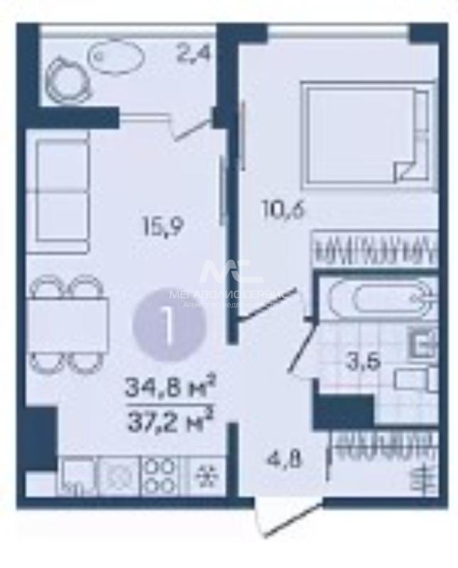 1-комнатная квартира, 34.8 м2