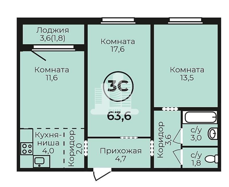 3-комнатная квартира, 63.6 м2