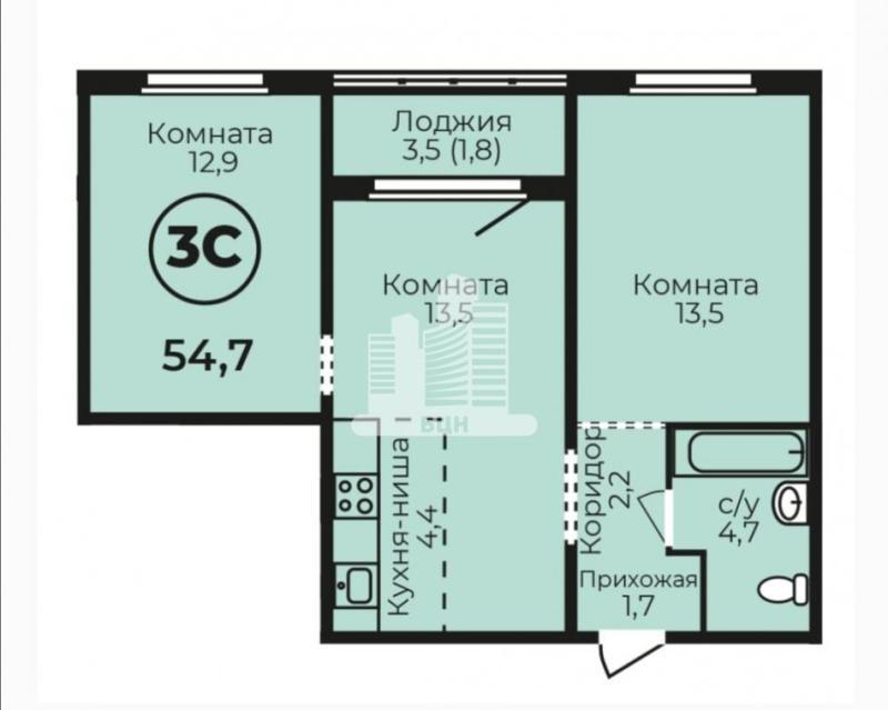 3-комнатная квартира, 54.7 м2