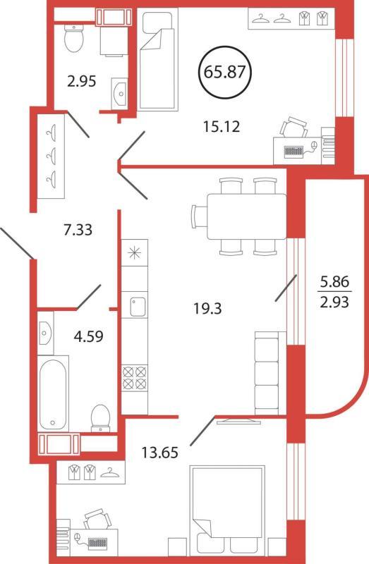 2-комнатная квартира, 65.87 м2