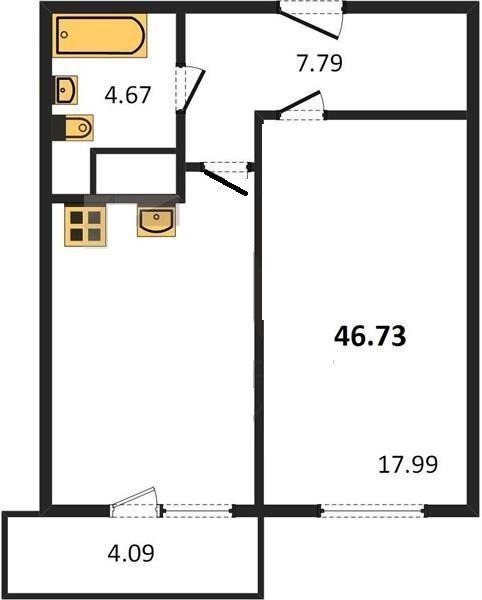 1-комнатная квартира, 46 м2