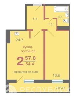 2-комнатная квартира, 57.8 м2