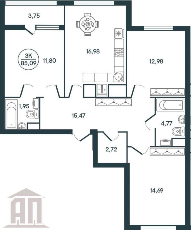 3-комнатная квартира, 72.5 м2