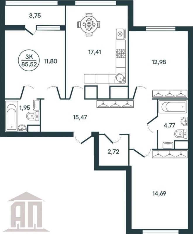 3-комнатная квартира, 72.5 м2