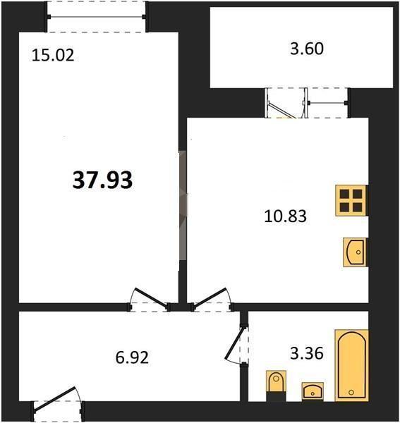 1-комнатная квартира, 37.23 м2